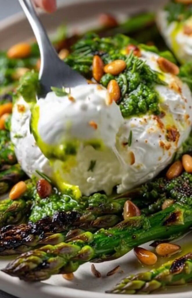 Burrata with Grilled Asparagus & Emerald Wild Garlic Oil (Gourmet Spring Appetizer)